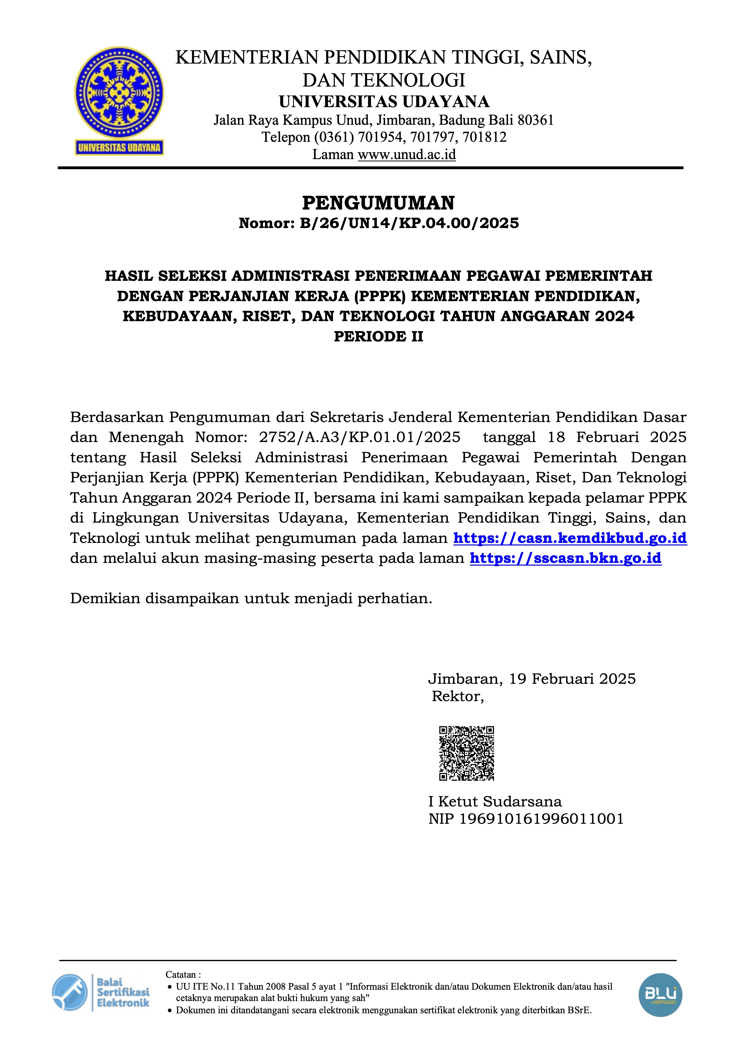 Hasil Seleksi Administrasi Penerimaan Pegawai Pemerintah dengan Perjanjian Kerja (PPPK) Kementerian Pendidikan, Kebudayaan, Riset, dan Teknologi Tahun Anggaran 2024 Periode II