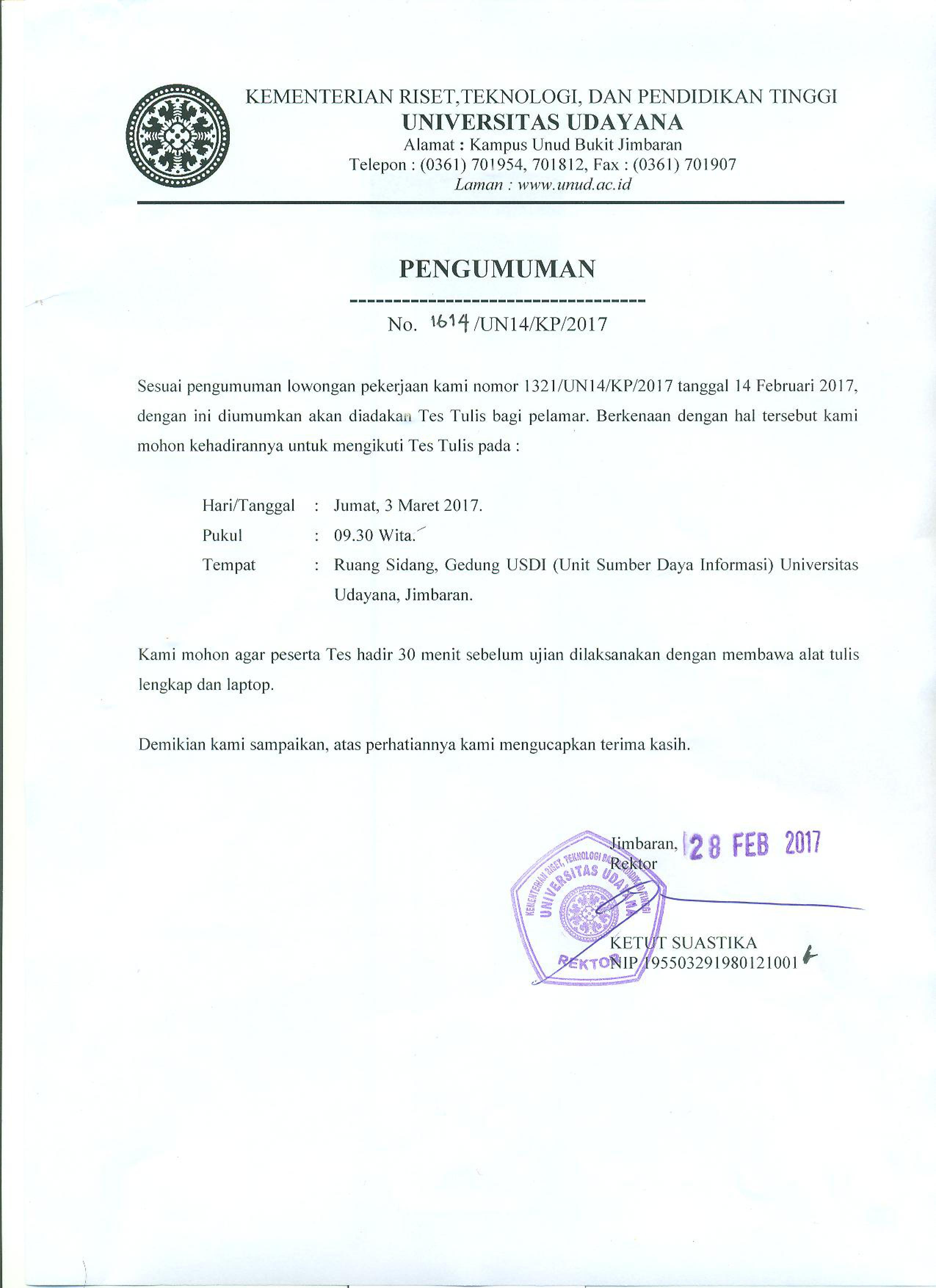 affordable tes tulis lowongan pekerjaan pegawai non pns universitas udayana tahun with lowongan pegawai universitas